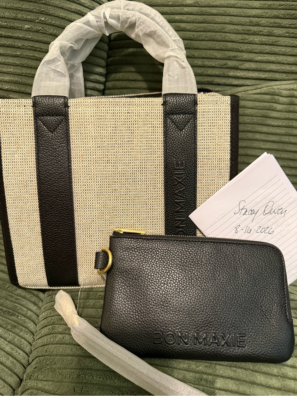 Bon Maxie Black & grey leather & Jute Canvas Tote with Leather Wrist Pouch